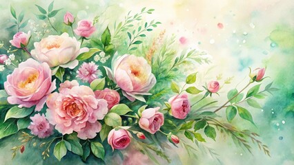 A Delicate Watercolor Painting of a Lush Bouquet of Pink Roses and Greenery