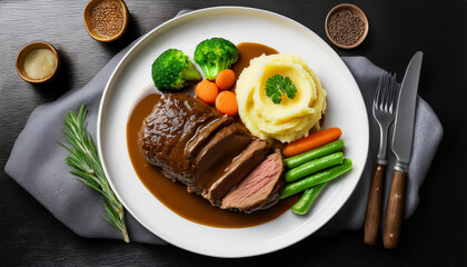 Top view of roast beef covered in demi glace gravy with mashed potatoes and mixed vegetables