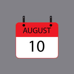 Calendar icon with date 10 august on grey background. Vector schedule symbol.