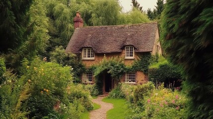 Charming stone cottage with a clay tile roof nestled within lush green trees and foliage