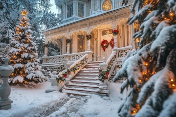 A beautifully decorated Victorian house during winter, adorned with Christmas lights and wreaths. Snow covers the ground and trees, creating a festive atmosphere with a Christmas tree nearby.
