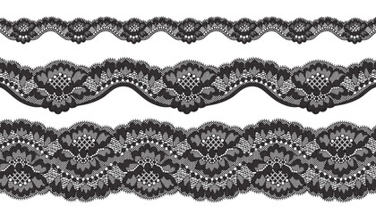 Three Elegant Black Lace Edgings with Floral Patterns