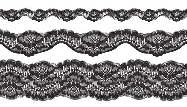 Three Elegant Black Lace Edgings with Floral Patterns