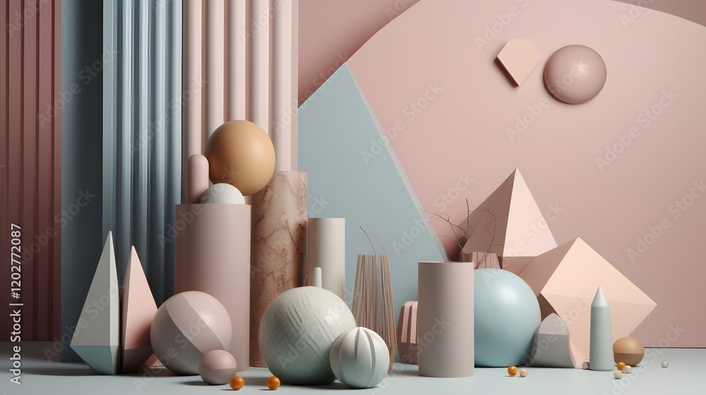 Poster abstract geometric shapes digital studio 3d render minimalist design soft colors artistic perspectiv