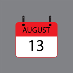 Calendar icon with date 13 august on grey background. Vector schedule symbol.