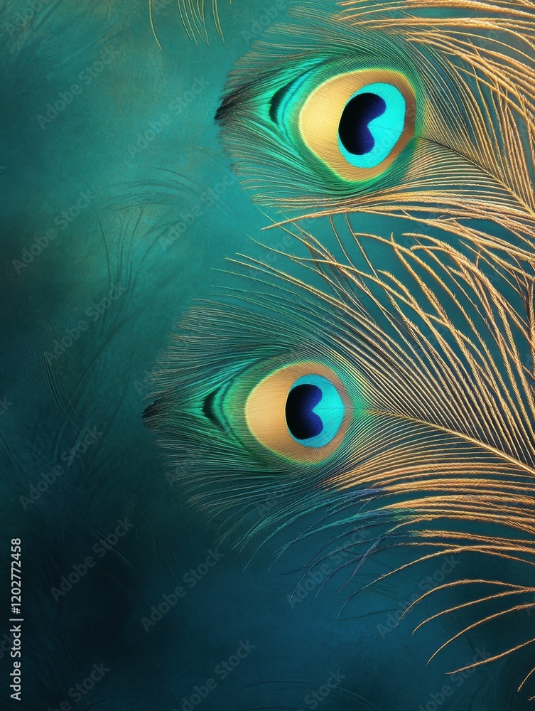 Poster vibrant peacock feathers display intricate patterns and vivid colors in natural light. generative ai