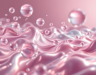 Soft pink 3D waves with floating translucent bubbles in a dreamy aesthetic.