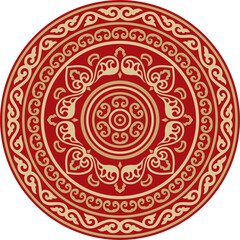 Vector round gold and red ancient Russian ornament. Slavic border, frame. Circle, ring. Painting of the royal chambers