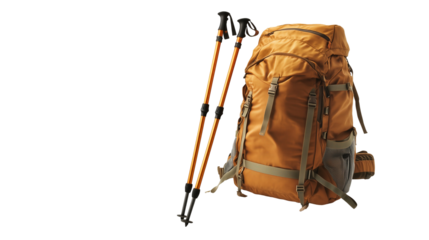 Pair of Hiking Poles and Backpack for Outdoor Adventure Themes Isolated on Transparent Background 