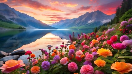 lake and mountain with flowers
