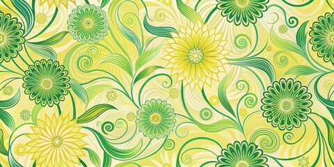 Vibrant Floral Design with Swirling Greens and Yellows for Textile and Decor