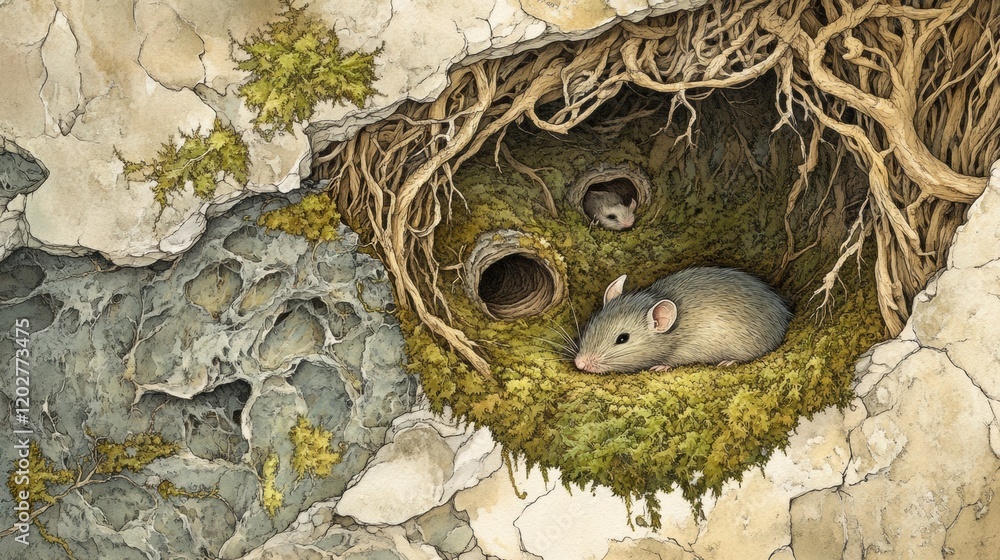 Poster detailed depiction of a mouse nest with two mice in a natural setting. generative ai