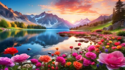 sunrise in the mountains and flowers