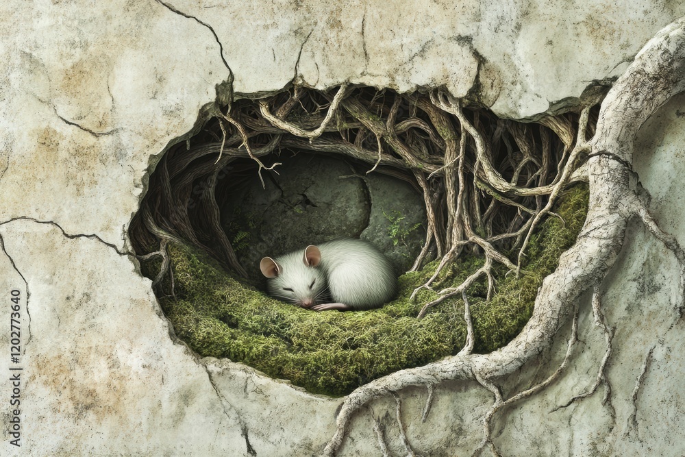 Poster white mouse resting peacefully in a cozy nest surrounded by roots and moss in a cracked wall setting