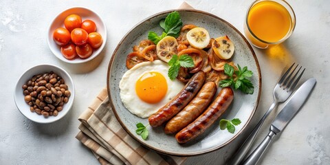 A Delicious and Nutritious Breakfast Plate Featuring Fried Egg, Sausages, Roasted Vegetables, and a Side of Fruit