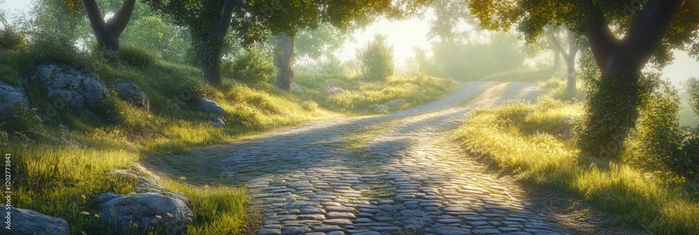 Poster Sunlight filters through trees on a winding cobblestone path in a serene forest landscape at dawn. Generative AI