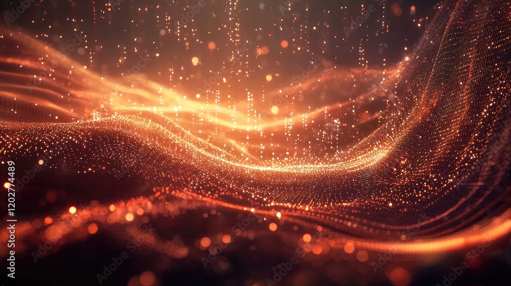 Poster Dynamic and abstract visualization of digital technology with flowing data and glowing elements, representing modern information systems and connectivity.