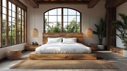 A serene bedroom with wooden furniture and large windows, inviting natural light and greenery.