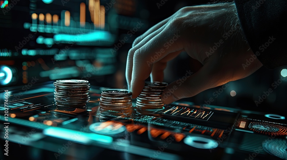 Aufkleber A close-up view of a business professional analyzing financial data with coin stacks and charts, representing investment strategies and economic growth insights.