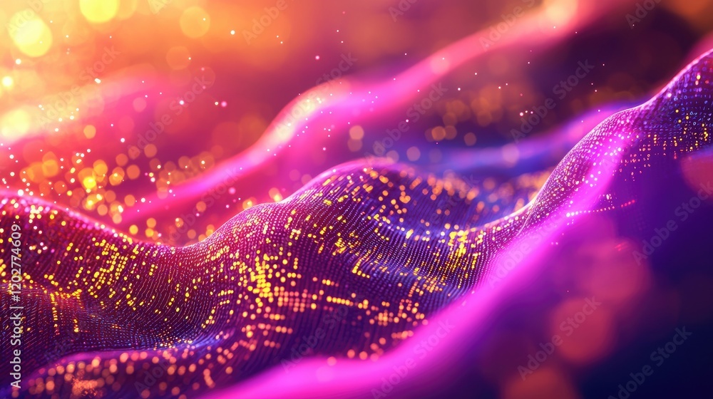 Poster Vibrant abstract digital background featuring glowing binary code and light effects, illustrating a dynamic flow of information in a high-tech environment.