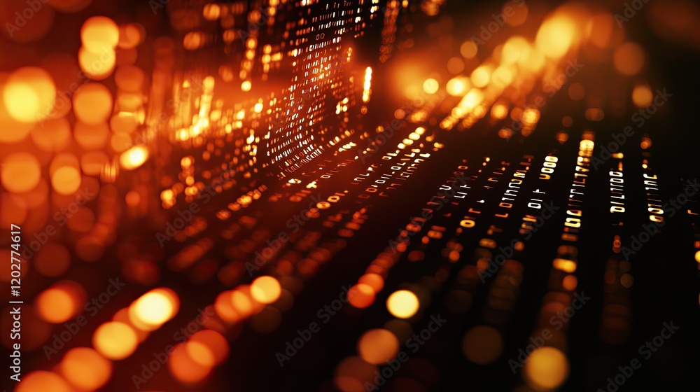 Poster Vibrant abstract digital background featuring glowing binary code and light effects, illustrating a dynamic flow of information in a high-tech environment.