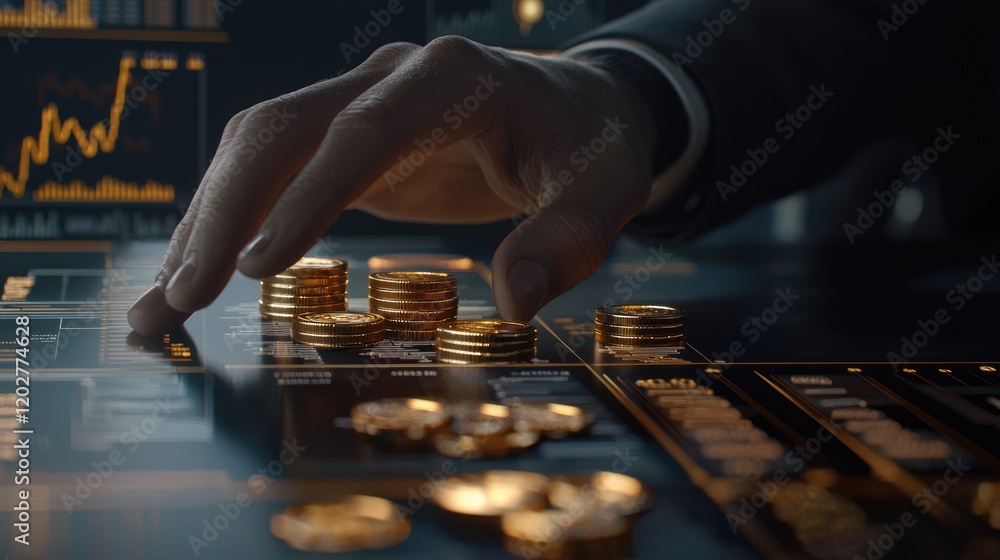 Aufkleber A close-up view of a business professional analyzing financial data with coin stacks and charts, representing investment strategies and economic growth insights.