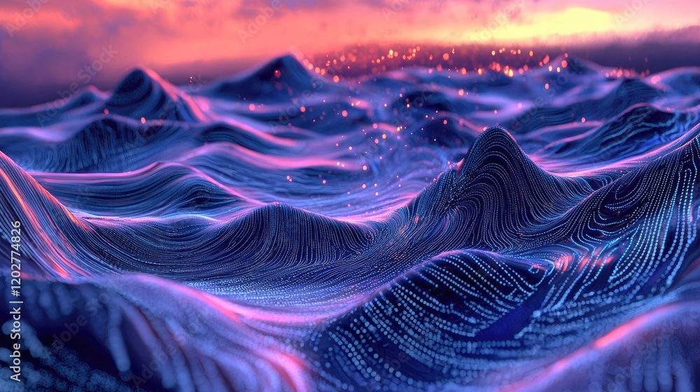 Poster This abstract digital artwork features a futuristic landscape with glowing blue lines and data streams, creating a mesmerizing visual experience ideal for technology and
