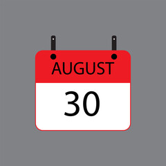 Calendar icon with date 30 august on grey background. Vector schedule symbol.