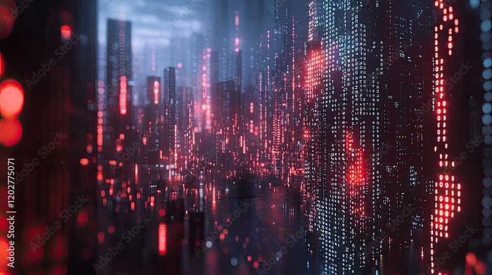 Poster futuristic digital cityscape at night adorned with binary code, illustrating the integration of tech