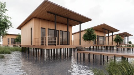 Modern wooden houses on stilts riverside location architectural photography tranquil environment aerial view design concept