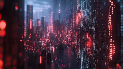 Fototapeta premium Futuristic digital cityscape at night adorned with binary code, illustrating the integration of technology and urban life. A vision for tomorrows cities.
