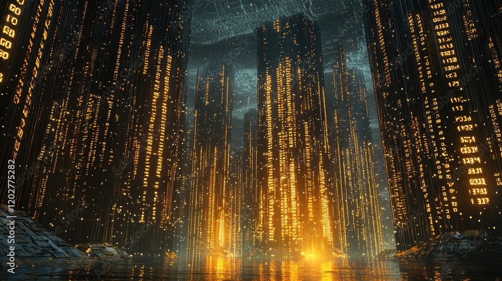 Poster futuristic digital cityscape at night adorned with binary code, illustrating the integration of tech