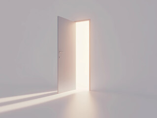 3D render of an open door with light coming through, a minimalistic white background, a soft shadow on the wall