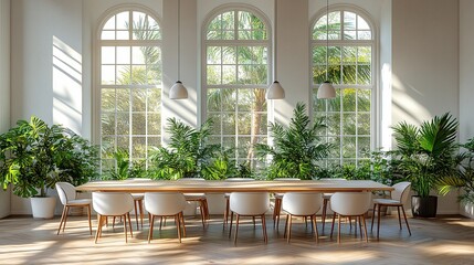 Obraz premium Bright meeting room with large windows and greenery, designed for collaboration.