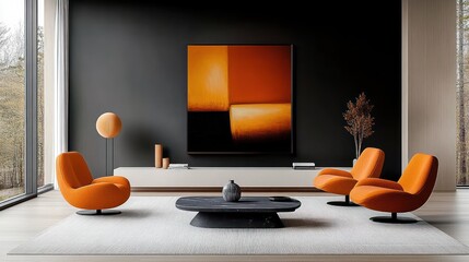 Modern Minimalist Living Room with Vibrant Orange Chairs and Abstract Art for a Warm and Inviting Atmosphere
