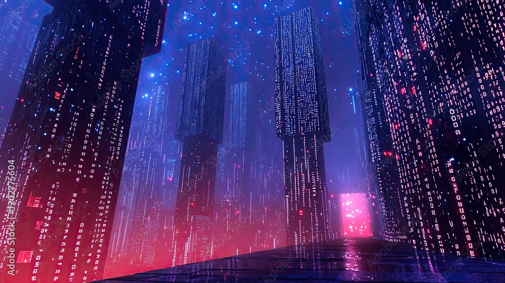 Poster futuristic digital cityscape at night adorned with binary code, illustrating the integration of tech