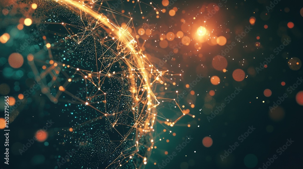 Poster This abstract image showcases a glowing digital globe filled with interconnected nodes and sparkles, perfect for themes related to technology, innovation, and data visual
