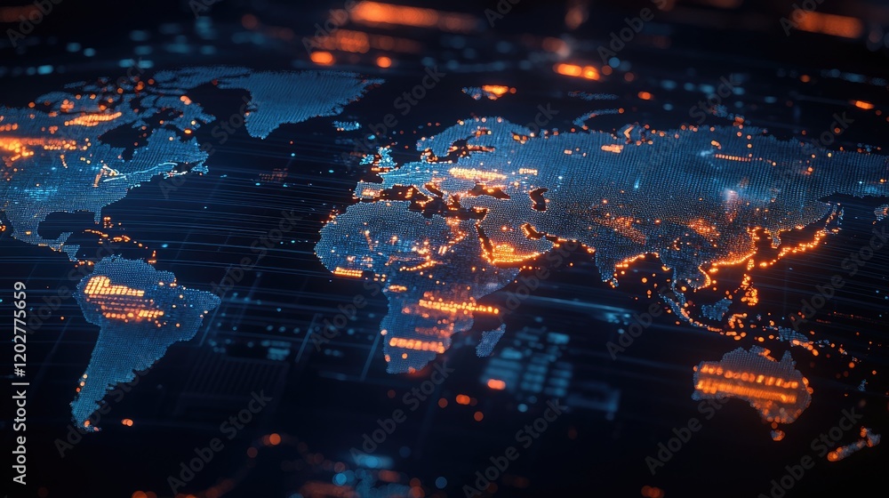 Leinwandbilder abstract visualization of a global financial market with graphs and a world map in blue and orange h
