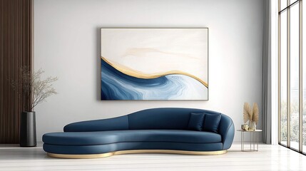 Modern Blue Curved Sofa in Minimalist Living Room with Marbling Poster