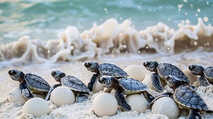 Fototapeta premium Group of baby turtles emerging from eggs on the beach