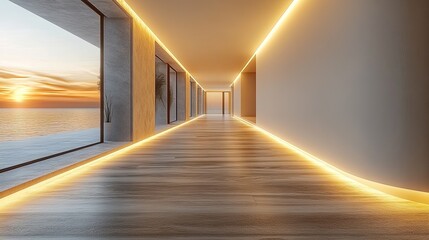 A modern corridor with ambient lighting and a sunset view over water.