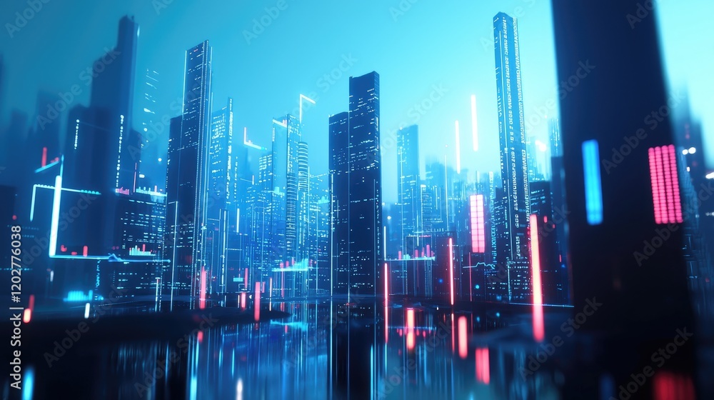 Poster This image showcases a modern financial data visualization featuring charts and graphs against a vibrant urban skyline, representing economic growth and investment trends