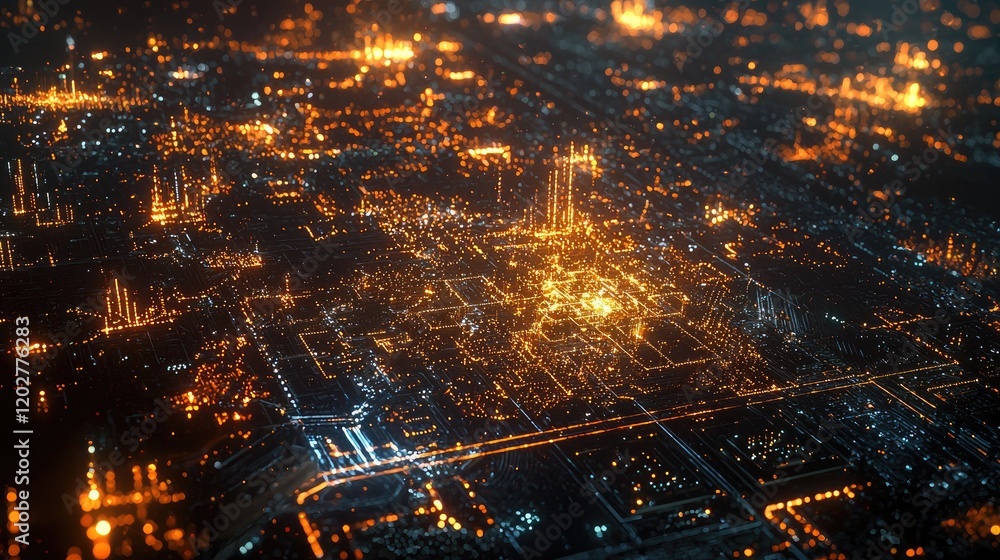 Aufkleber An intricate illustration showing Earth at night, highlighted by bright lights and a hexagonal grid. This digital artwork symbolizes global connectivity and advanced tech