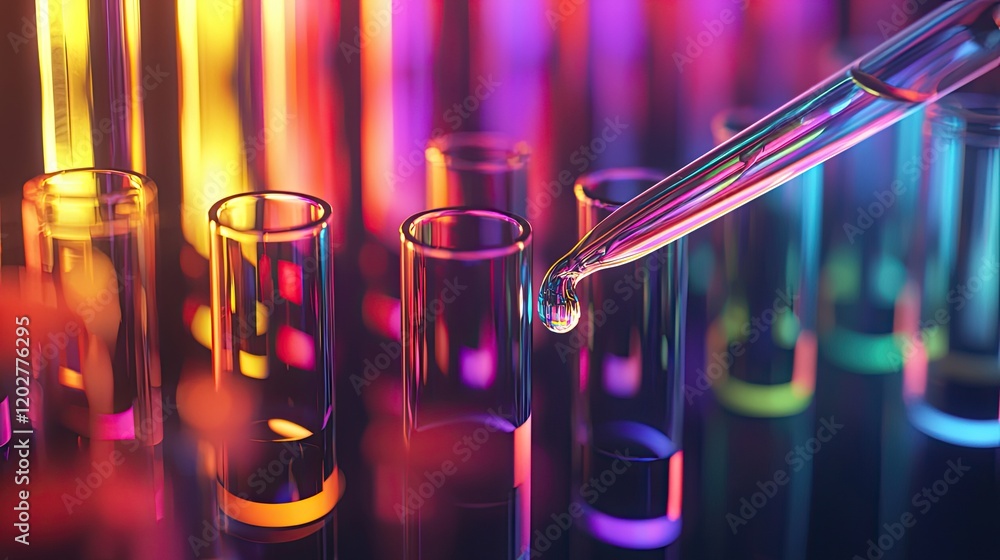 Poster a vibrant laboratory scene where a dropper releases a drop of liquid into glass test tubes, illustra