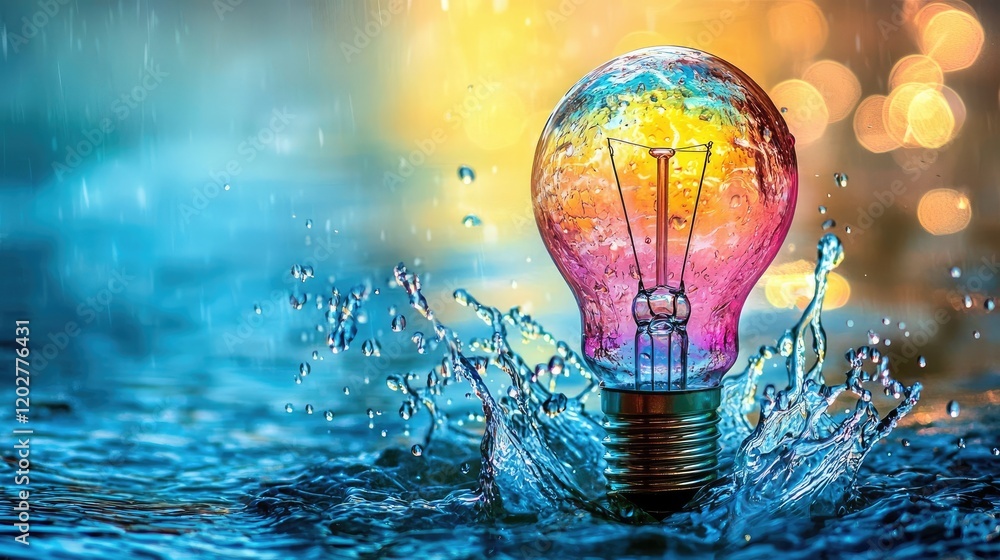 Aufkleber This striking image features a colorful light bulb with a dramatic water splash against an abstract background, symbolizing creativity and innovation in modern design.