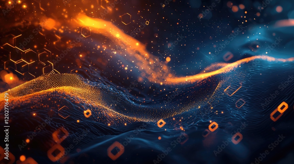 Poster stunning abstract design featuring glowing hexagons and flowing waves on a dark blue backdrop, perfe