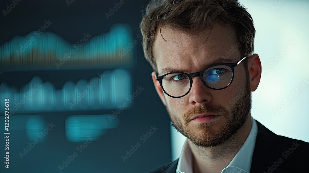 Poster A businessman focused on financial data analysis in a modern office environment, utilizing charts and graphs with a digital enhancement to visualize insights and trends.
