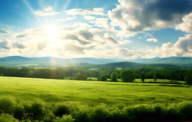 Obraz premium A summer landscape featuring a green meadow, blue sky, clouds, and a distant hill, with a bright, sunny day and a peaceful rural countryside atmosphere