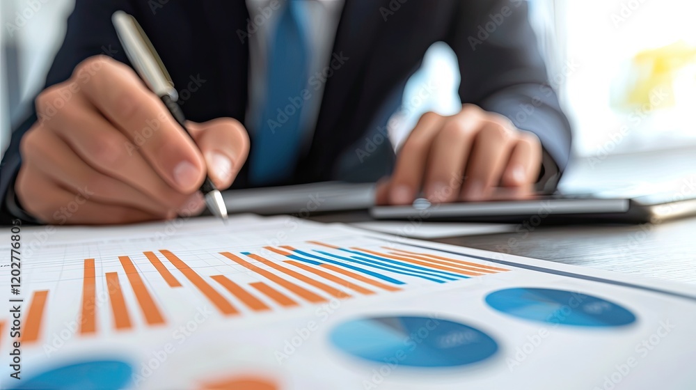 Aufkleber A businessman focused on financial data analysis in a modern office environment, utilizing charts and graphs with a digital enhancement to visualize insights and trends.
