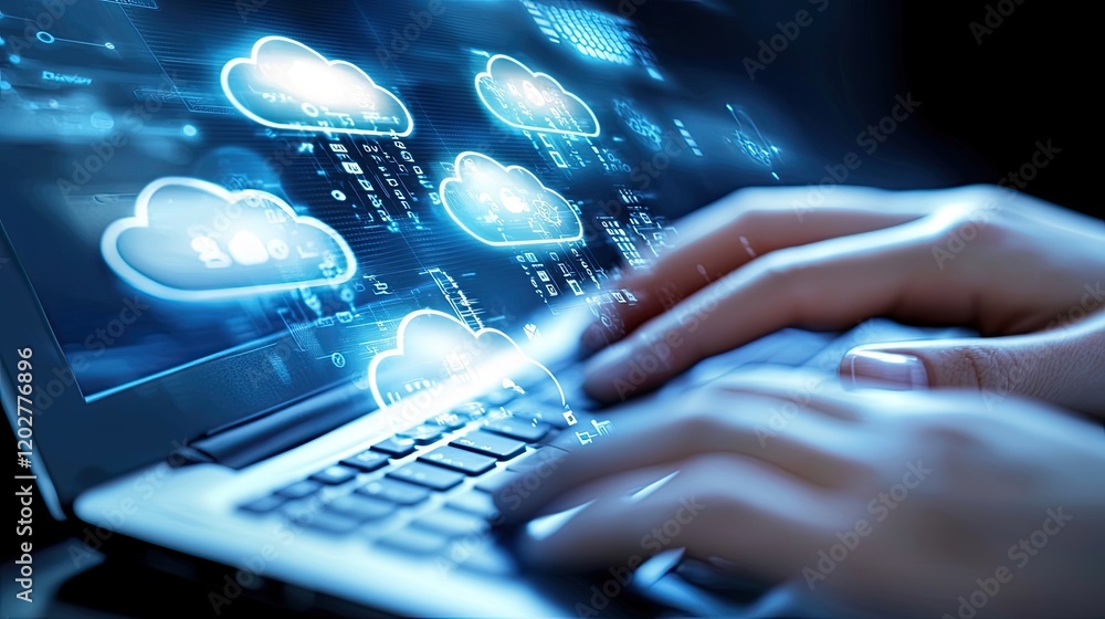 Poster A close-up view of hands typing on a laptop with glowing digital icons representing cloud computing and data connectivity, symbolizing modern technology and innovation.